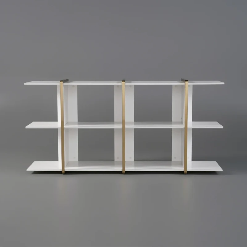 Vionna Low Display Shelf – White Wood with Gold Accents