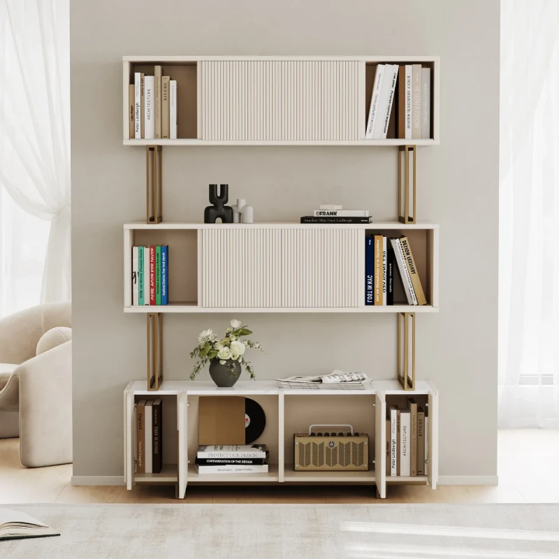 Délicat Display Shelf – White Natural Wood with Gold Frame.