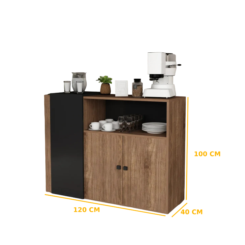 Tavric Coffee Corner Cabinet – Natural Wood with Black Accent Panel