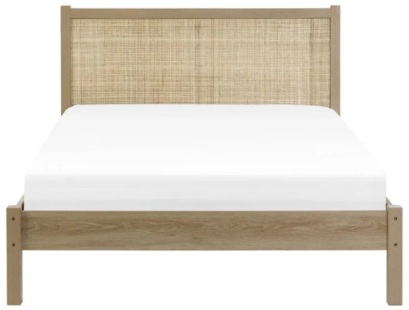 Arello Natural Wood Bed – Rattan Headboard