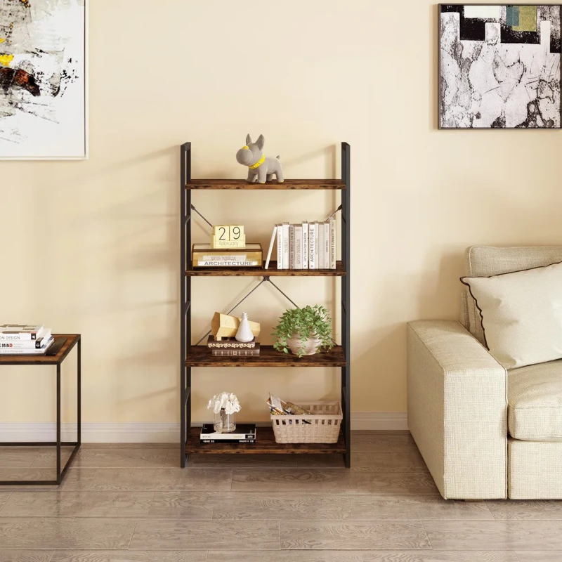 Landrin – Open Bookcase with Natural Wood Shelves & Metal Frame