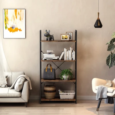 Landrin – Open Bookcase with Natural Wood Shelves & Metal Frame
