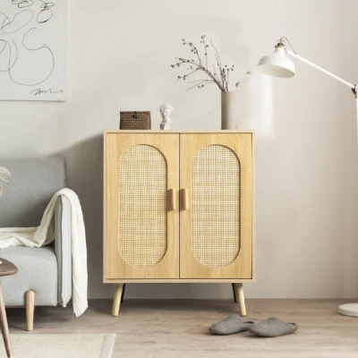 Rubena – Natural Wood Shoe Cabinet with Rattan Front