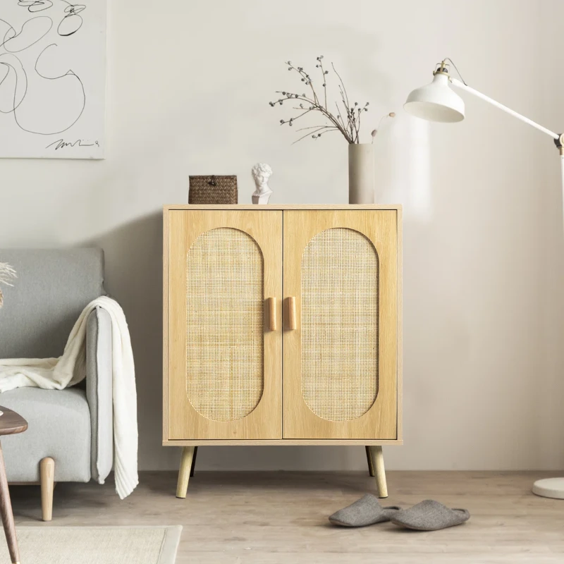 Rubena – Natural Wood Shoe Cabinet with Rattan Front