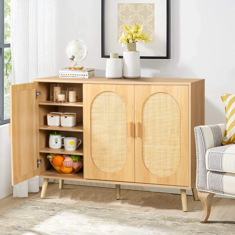 Rubena – Natural Wood Shoe Cabinet with Rattan Front (Three Doors)