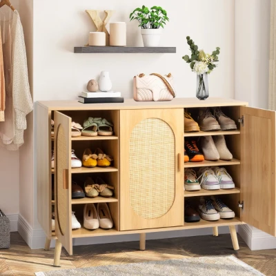 Rubena – Natural Wood Shoe Cabinet with Rattan Front (Three Doors)