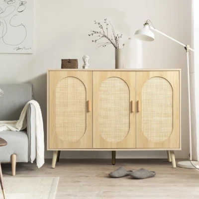 Rubena – Natural Wood Shoe Cabinet with Rattan Front (Three Doors)