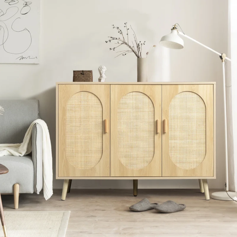 Rubena – Natural Wood Shoe Cabinet with Rattan Front (Three Doors)