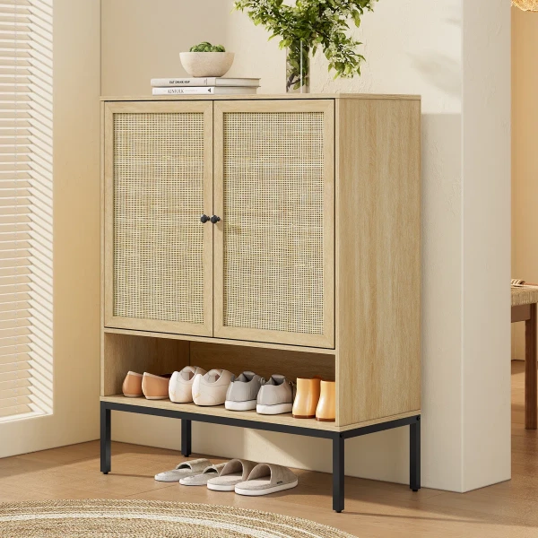 Marisse – Natural Wood Shoe Cabinet with Rattan Doors