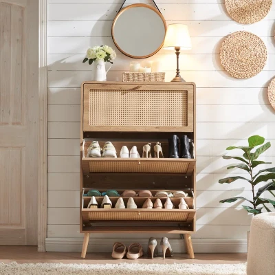 Soline – Natural Wood & Rattan Shoe Cabinet