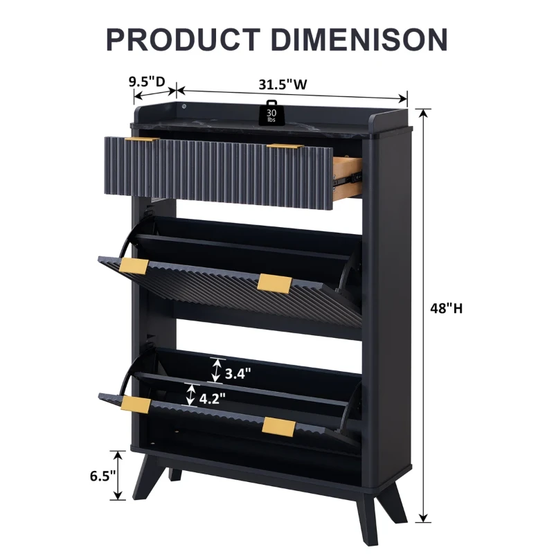 Lévon – Wavy Natural Wood Shoe Cabinet with Faux Marble Top