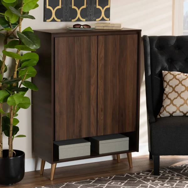 Brixton - Natural Wood Shoe Cabinet with Gold-Tone Legs