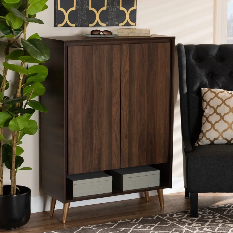 Brixton - Natural Wood Shoe Cabinet with Gold-Tone Legs
