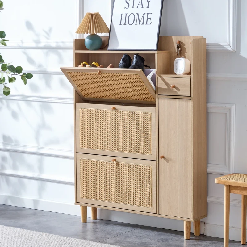 Ravelle - Natural Wood Shoe Cabinet with Rattan Front