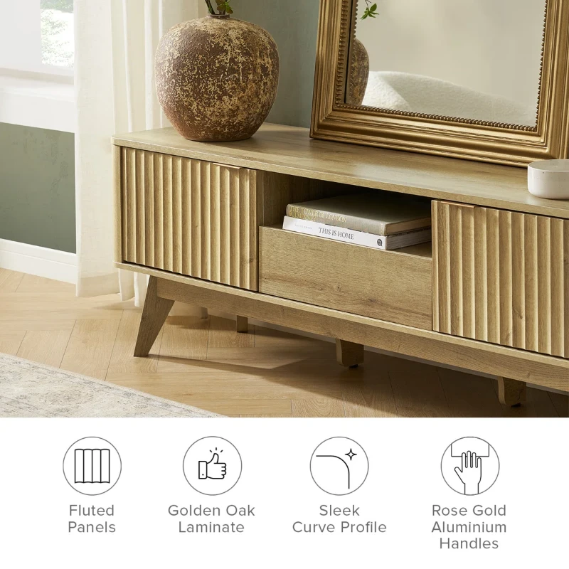 Elvo – TV Stand with Fluted Doors & Compact Design – Natural Wood
