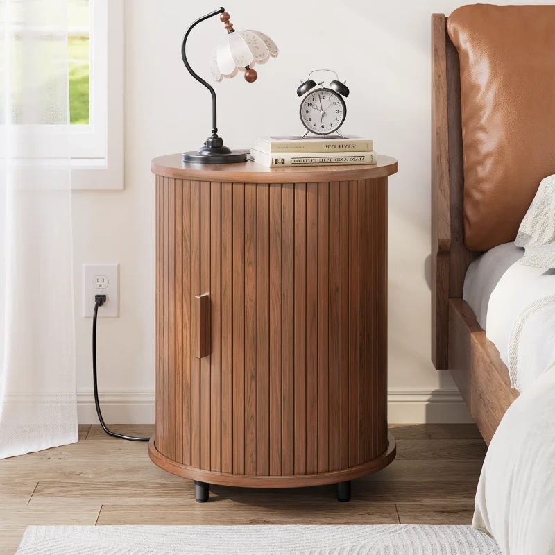 Luna – Round Side Table with Storage – Natural Wood