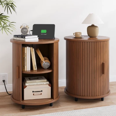 Luna – Round Side Table with Storage – Natural Wood
