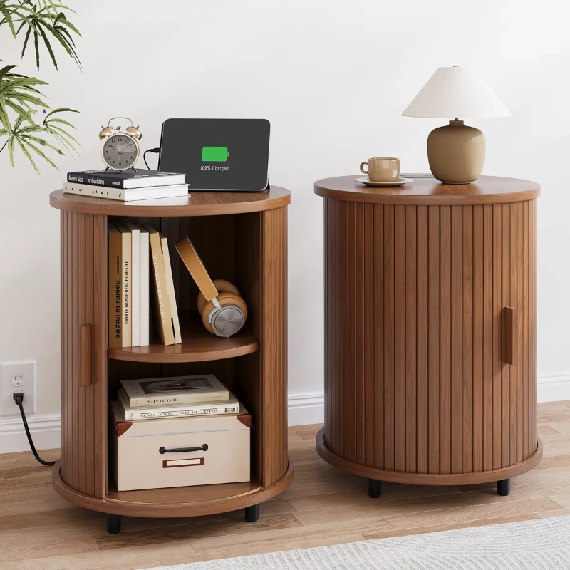 Luna – Round Side Table with Storage – Natural Wood