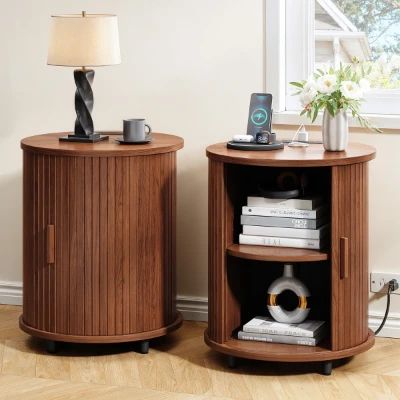 Luna – Round Side Table with Storage – Natural Wood