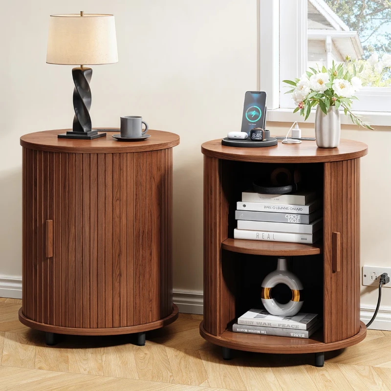 Luna – Round Side Table with Storage – Natural Wood