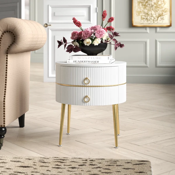 Midwest Round Side Table with Marble-Effect Top – Natural Wood