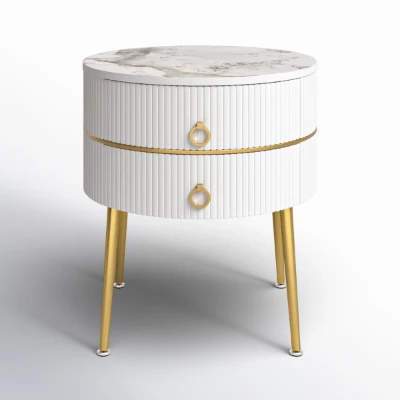 Midwest Round Side Table with Marble-Effect Top – Natural Wood