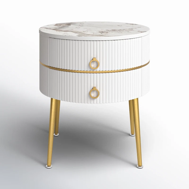 Midwest Round Side Table with Marble-Effect Top – Natural Wood