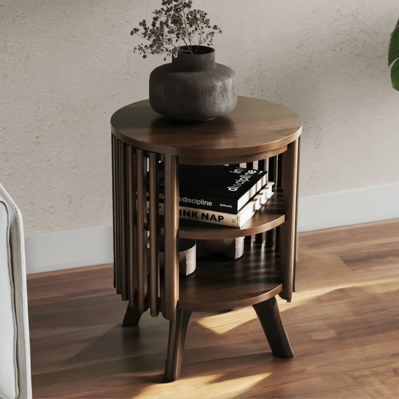 Klever Round Side Table with Slatted Design – Natural Wood