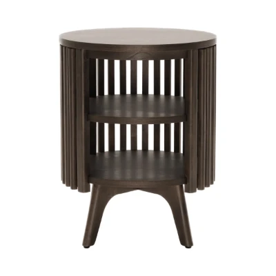 Klever Round Side Table with Slatted Design – Natural Wood