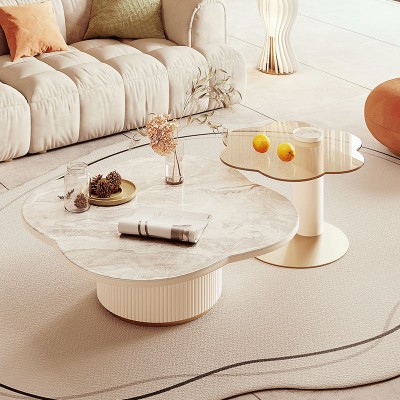 Eclipse – Modern Coffee Table Set with Marble-Effect Top – Natural Wood