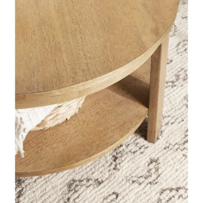 Orion – Round Coffee Table with Rotating Top & Lower Shelf – Natural Wood