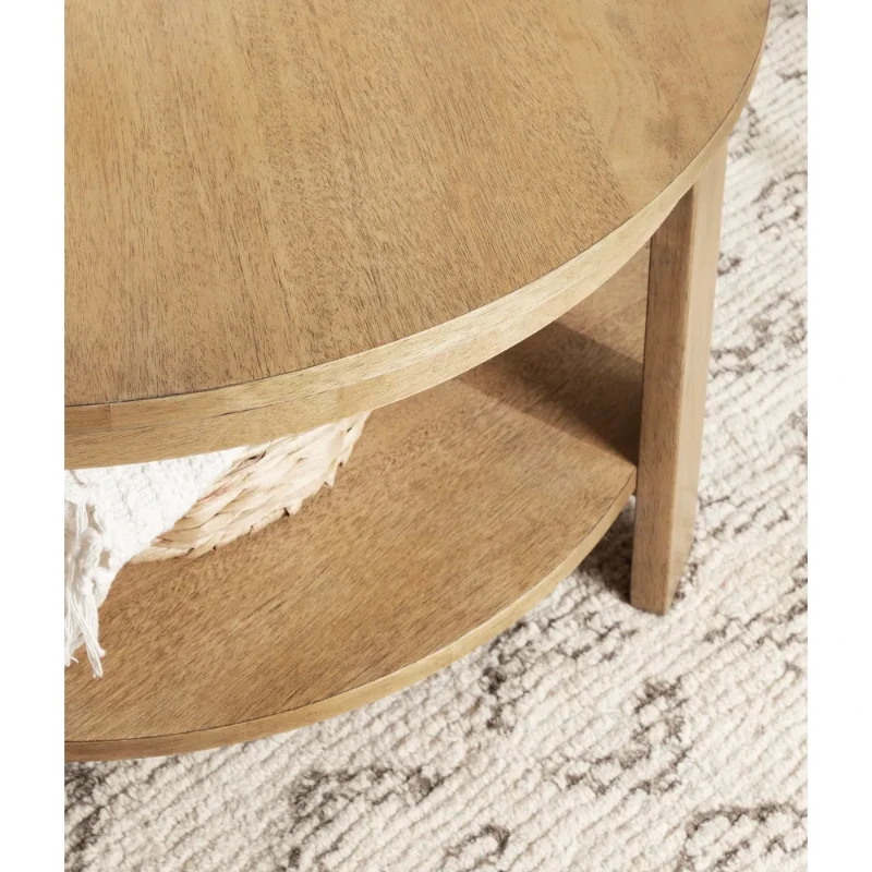 Orion – Round Coffee Table with Rotating Top & Lower Shelf – Natural Wood