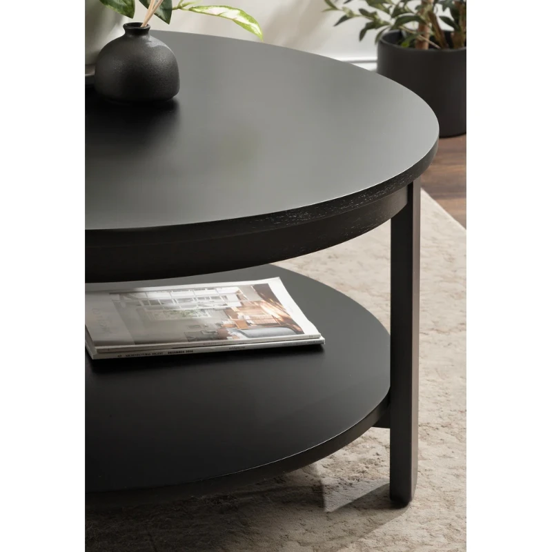Orion – Round Coffee Table with Rotating Top & Lower Shelf – Natural Wood