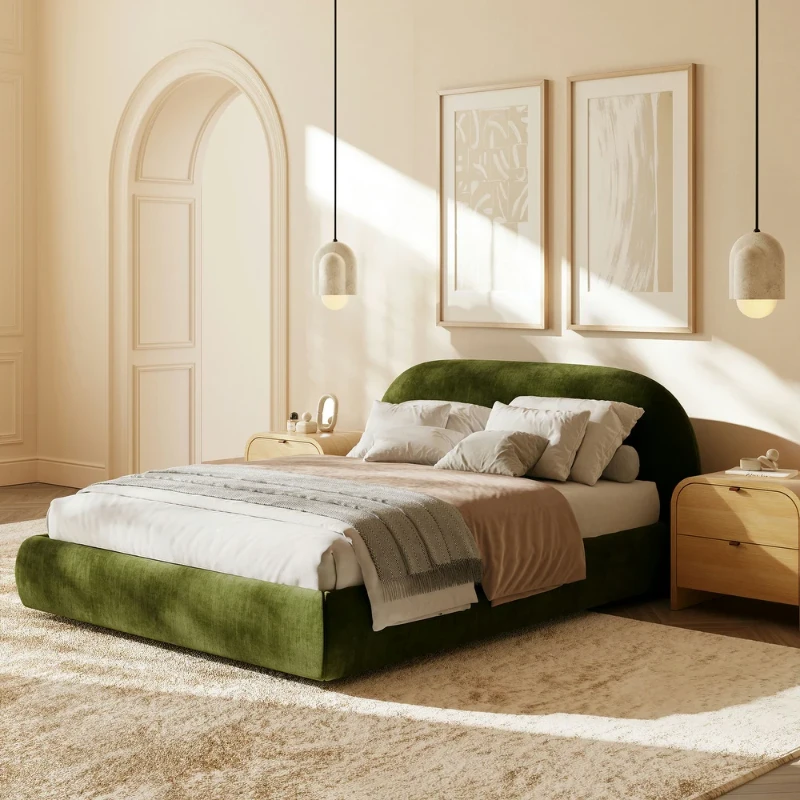 Genoa Upholstered Bed with Rounded Headboard – Natural Wood
