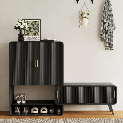 Lunaro – Modular Shoe Cabinet with Sliding Bench | Natural Wood