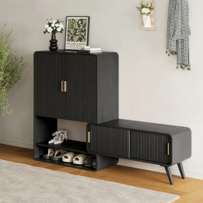 Lunaro – Modular Shoe Cabinet with Sliding Bench | Natural Wood