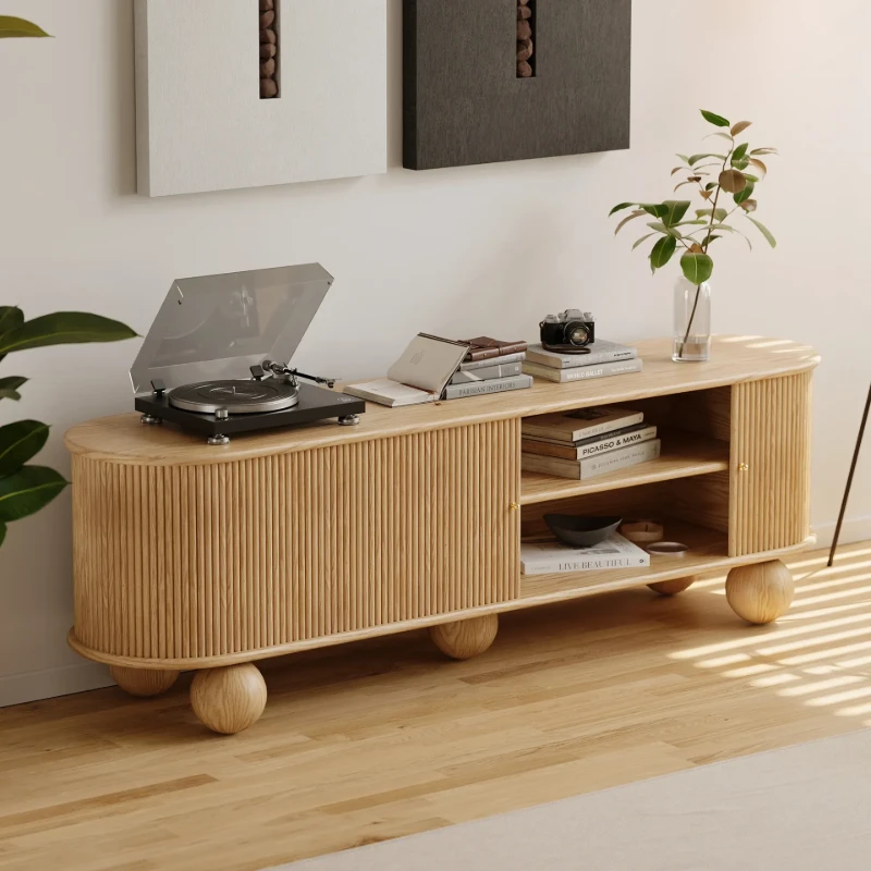 Oniro Long Media Console with Fluted Sliding Panels – Natural Wood