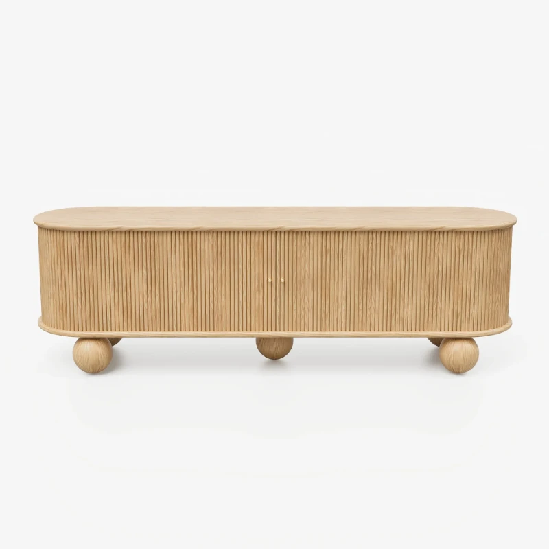 Oniro Long Media Console with Fluted Sliding Panels – Natural Wood