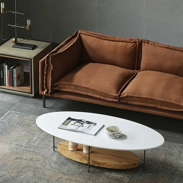 Elaris – Oval Coffee Table with Two Layers | Natural Wood & Marble Alternative