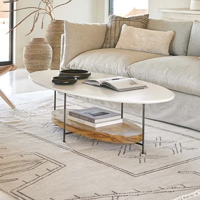 Elaris – Oval Coffee Table with Two Layers | Natural Wood & Marble Alternative