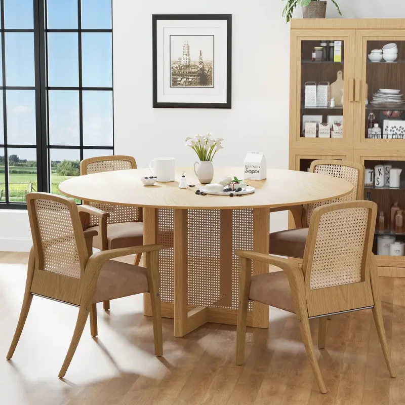 Ravina – Round Dining Table Set with Chairs | Natural Wood & Rattan