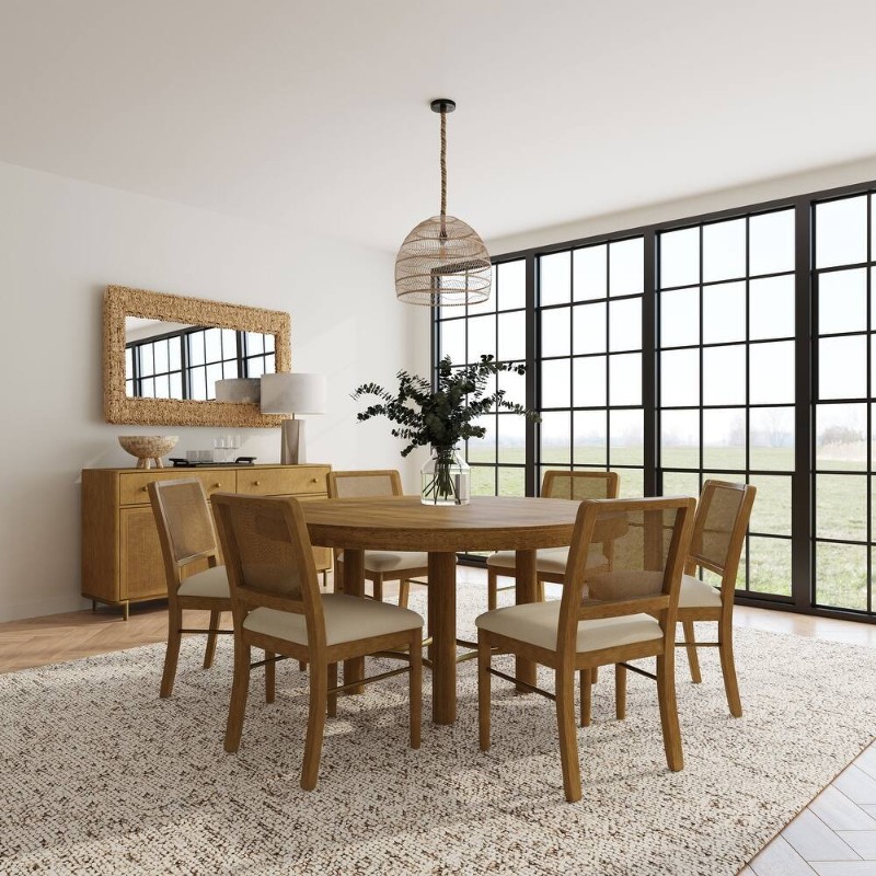 Selora Round Dining Set – Natural Wood with Gold Accents